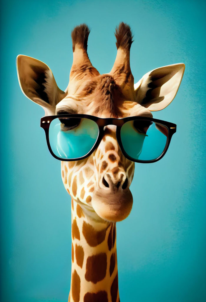 Une girafe avec des lunettes de soleil.